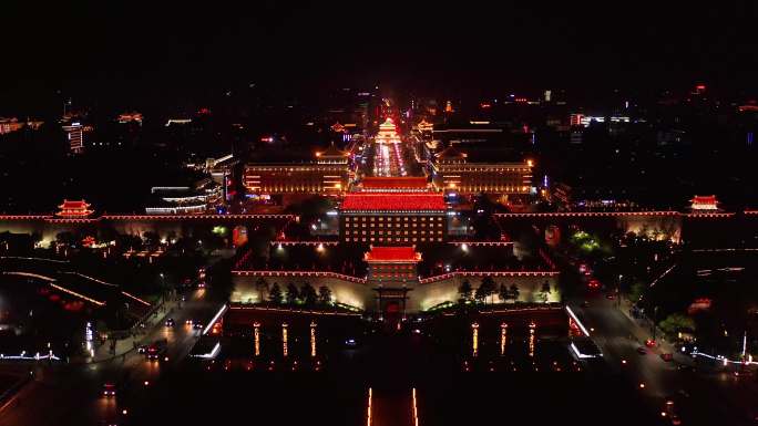 4K西安南门永宁门瓮城城墙夜景航拍视频
