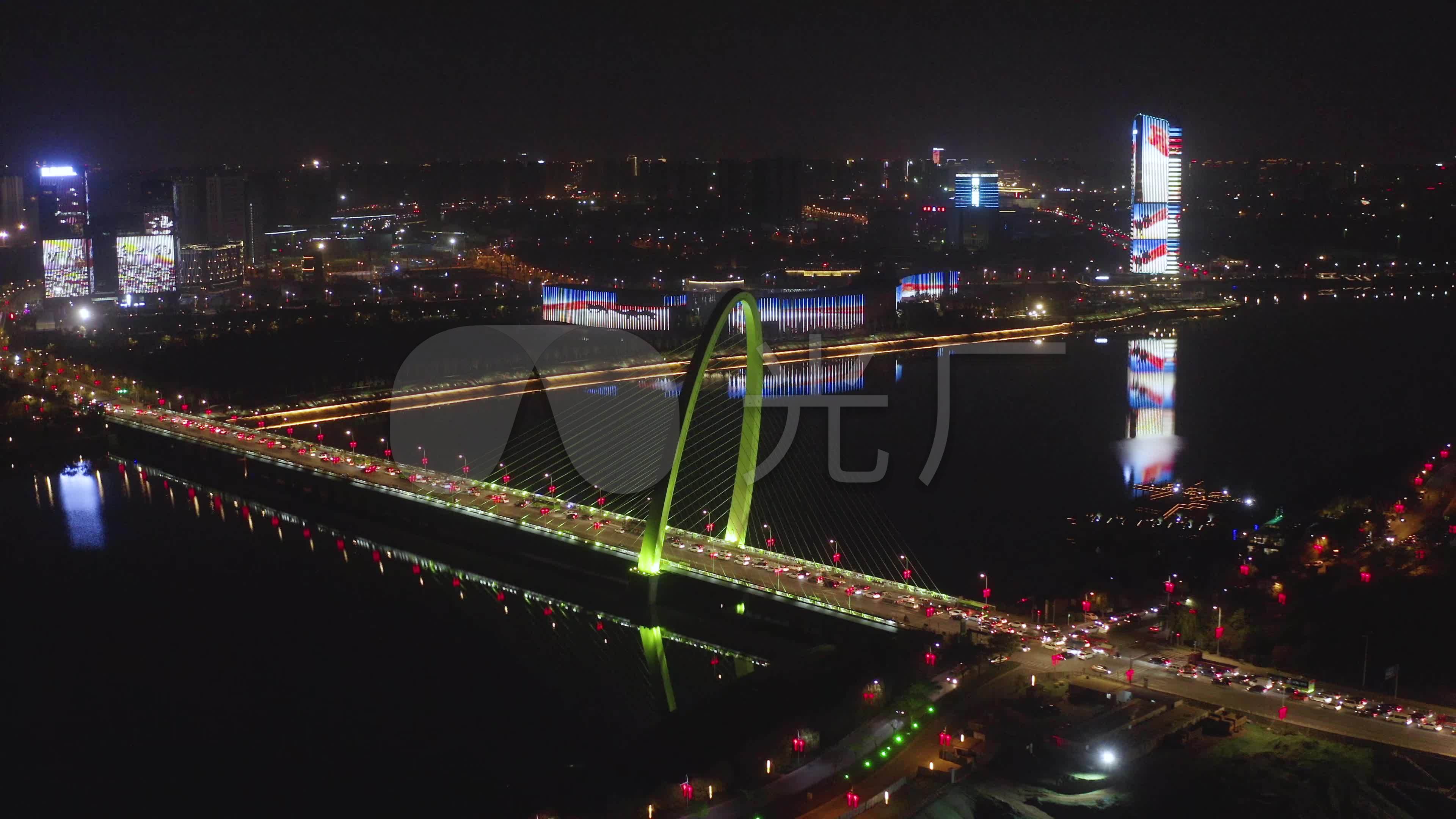 4k西安浐灞灞河彩虹桥欧亚大桥夜景素材