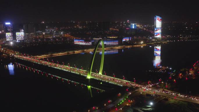 4K西安浐灞灞河彩虹桥欧亚大桥夜景素材