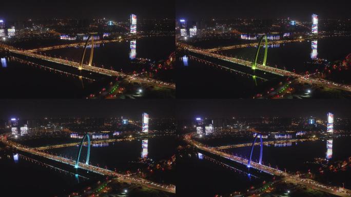 4K西安浐灞灞河彩虹桥欧亚大桥夜景素材