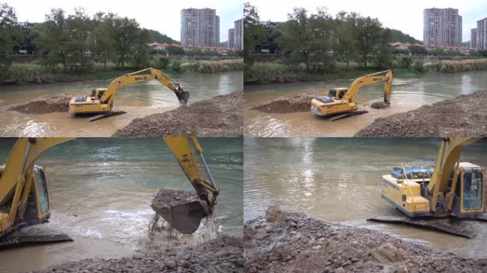 市政工程民生工程平整河床挖掘机水中作业河