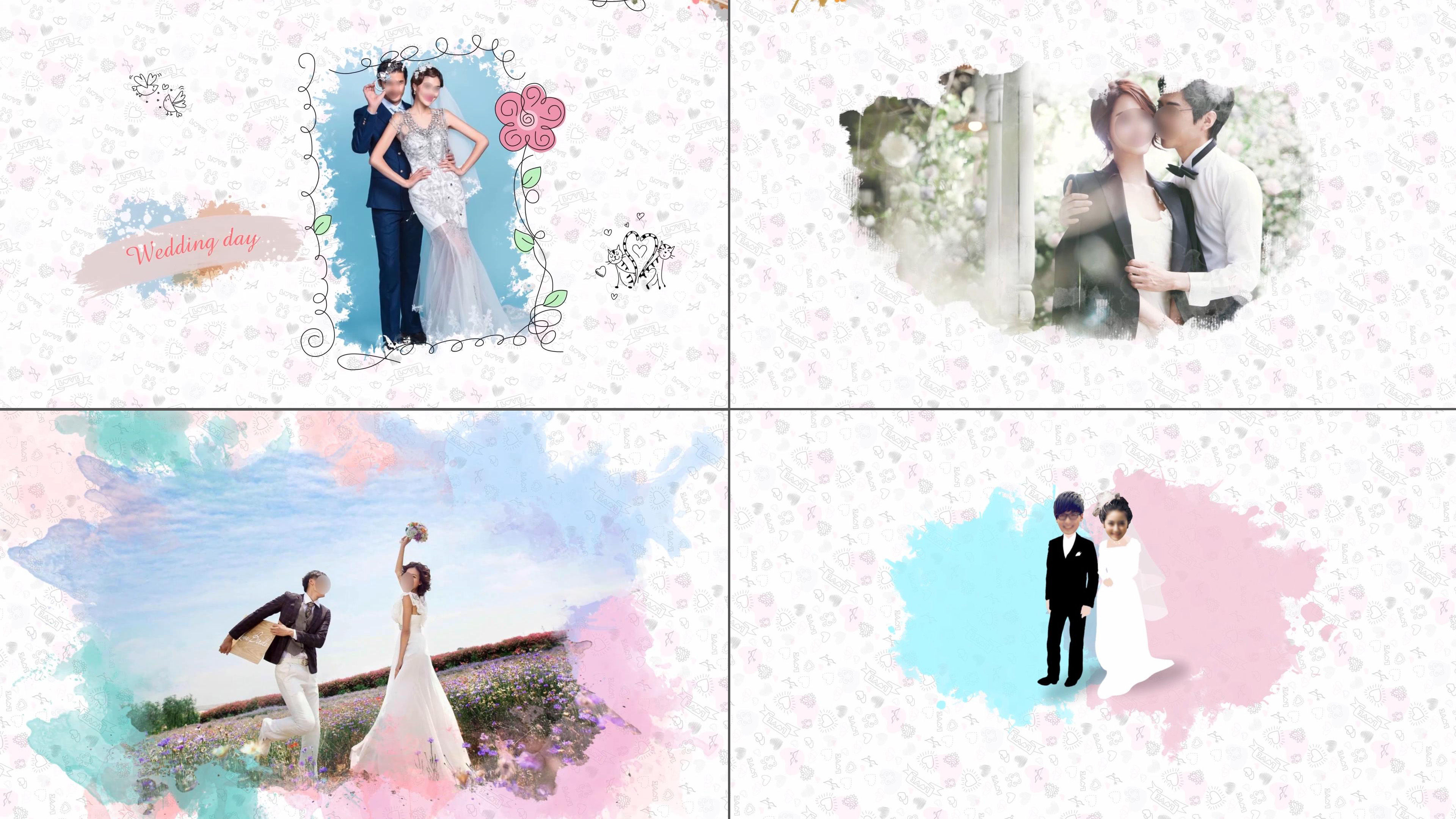 可爱卡通手绘线条简笔画水彩水墨风婚礼视频