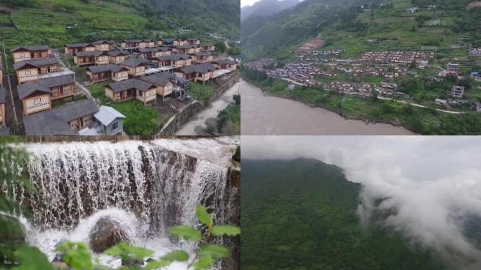 河谷原始村落航拍云南彝族村寨