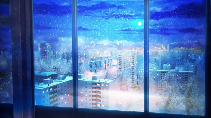 宁静夜晚雪景窗外下雪雪花飘雪