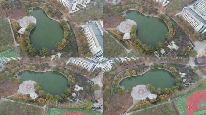 山东艺术学院湖泊大景旋转航拍