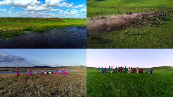 4K航拍草原河流蒙古族舞蹈