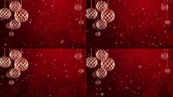红色圣诞背景，闪闪发光的粒子圣诞球