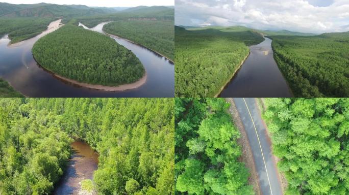 大兴安岭北部原始森林白鹿岛河流道路