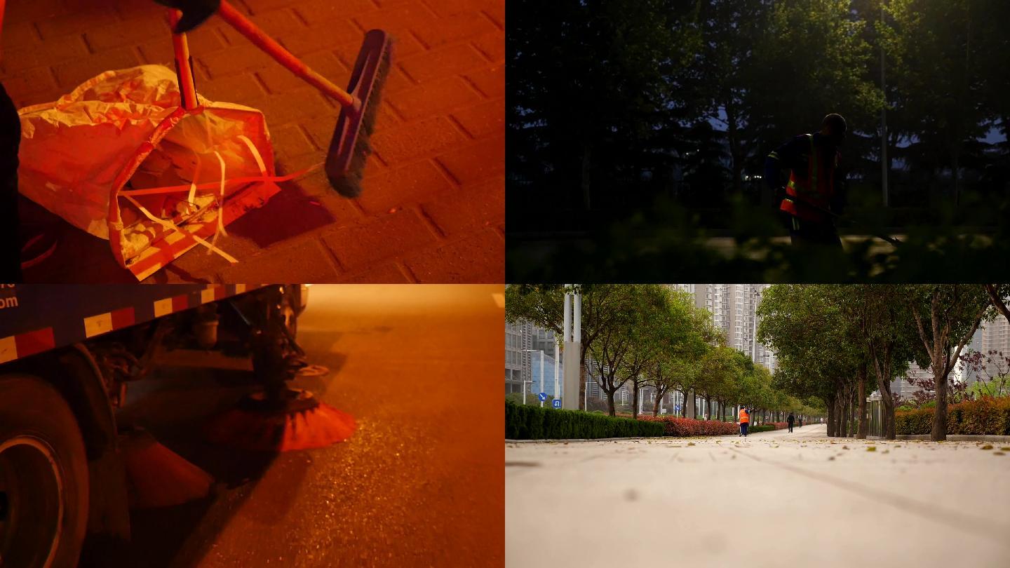 【原创实拍】城市环卫工人打扫街道夜间环境
