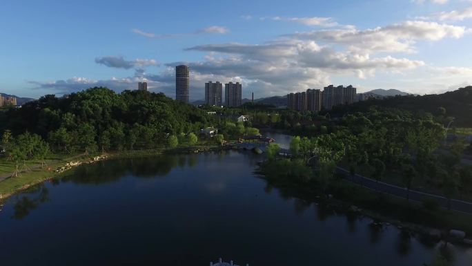 奉化城区1夜景河道仁湖公园航拍