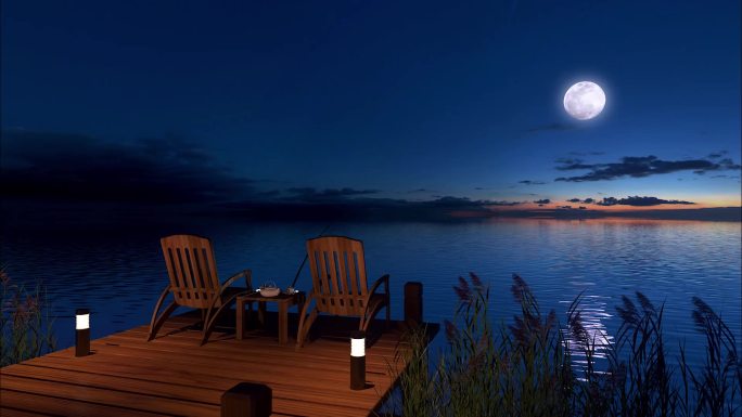 三维湖面月色夜景