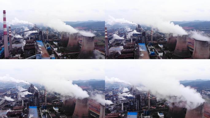 大烟囱空气污染乱排乱放钢铁厂航拍