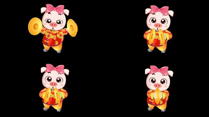 卡通猪敲锣动画