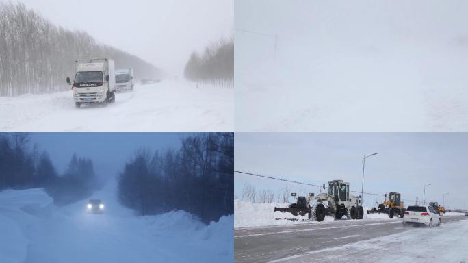 暴雪公路行车机械清雪疏导交通大雪原创