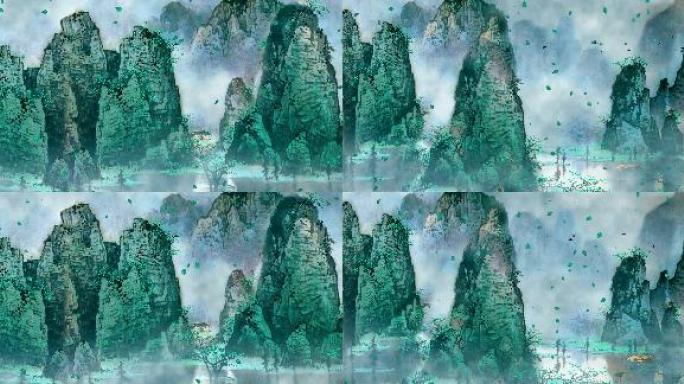 舞美背景国画桂林山水帆船树叶粒子