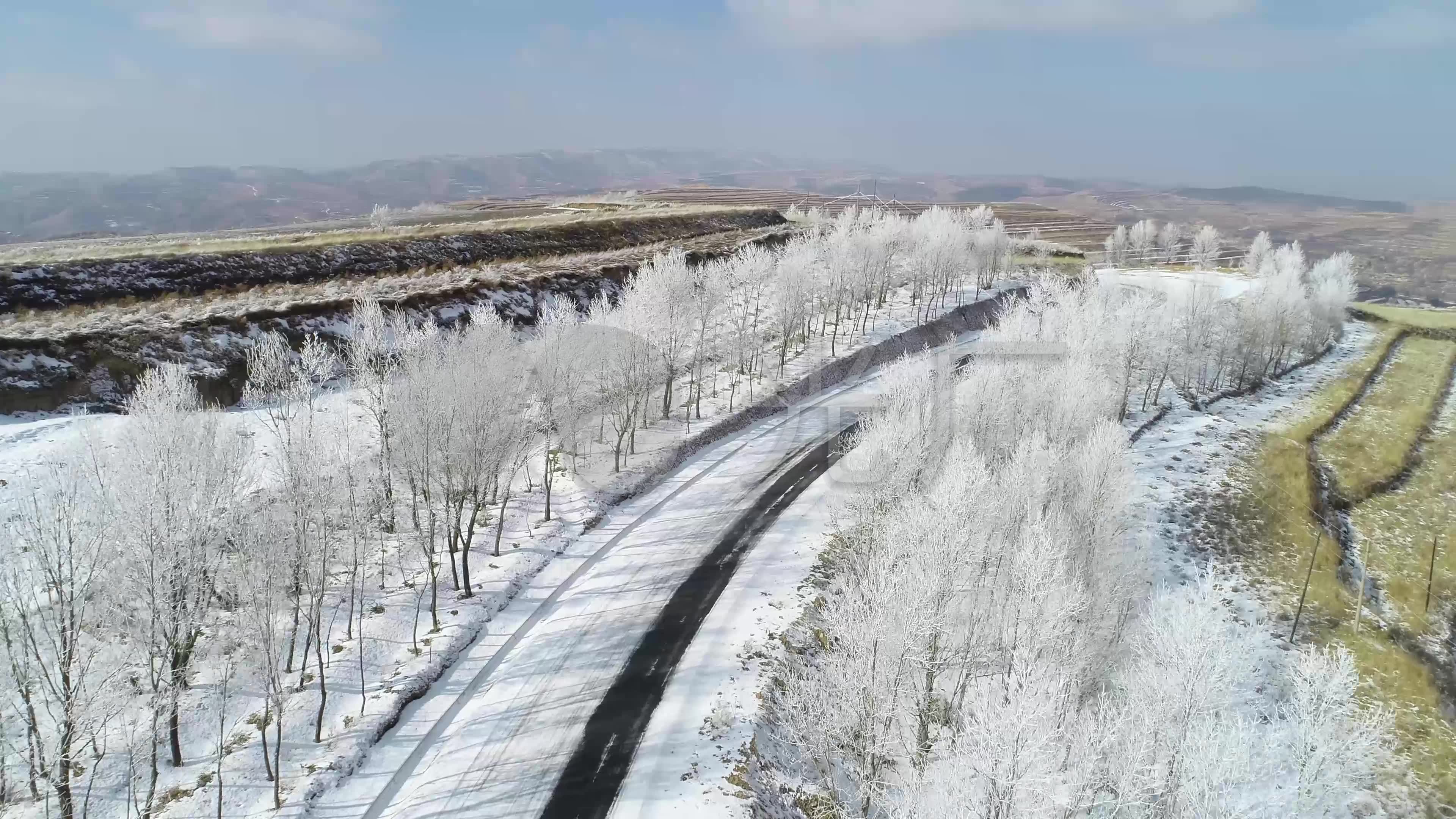 西北黃土高原大山航拍雪景s_3840x2160_高清視頻素材下載(編號