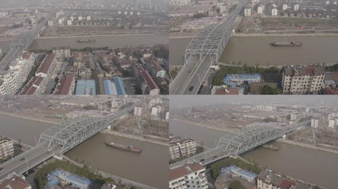 4K-log丹阳运河商船人民大桥航拍
