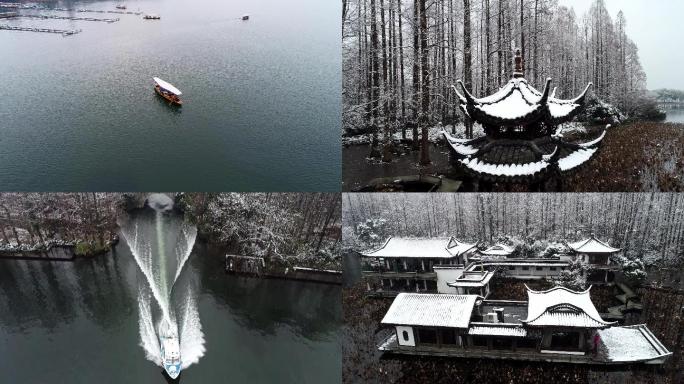 航拍西湖雪景