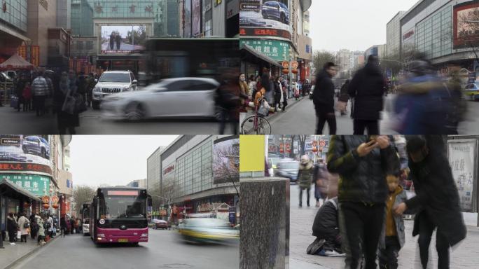春节前夕步行街闹商场门前购物人流延时摄影