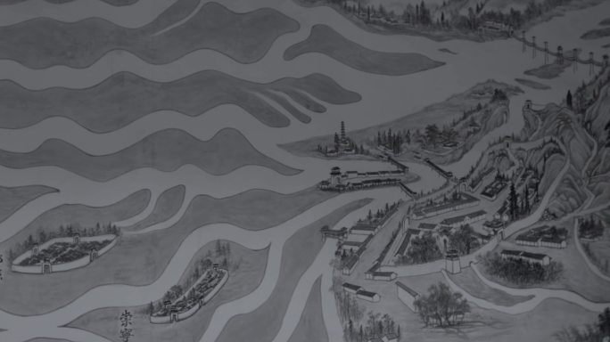 4K都江堰二王庙中岷江在成都平原的流域图