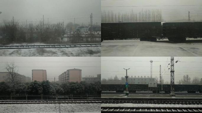火车上拍火车沿线雪景阴天