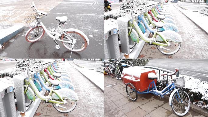 实拍摩拜单车共享自行车雪景清洁三轮车