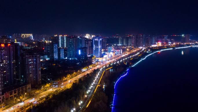 汉中滨江路夜景移动航拍延时摄影