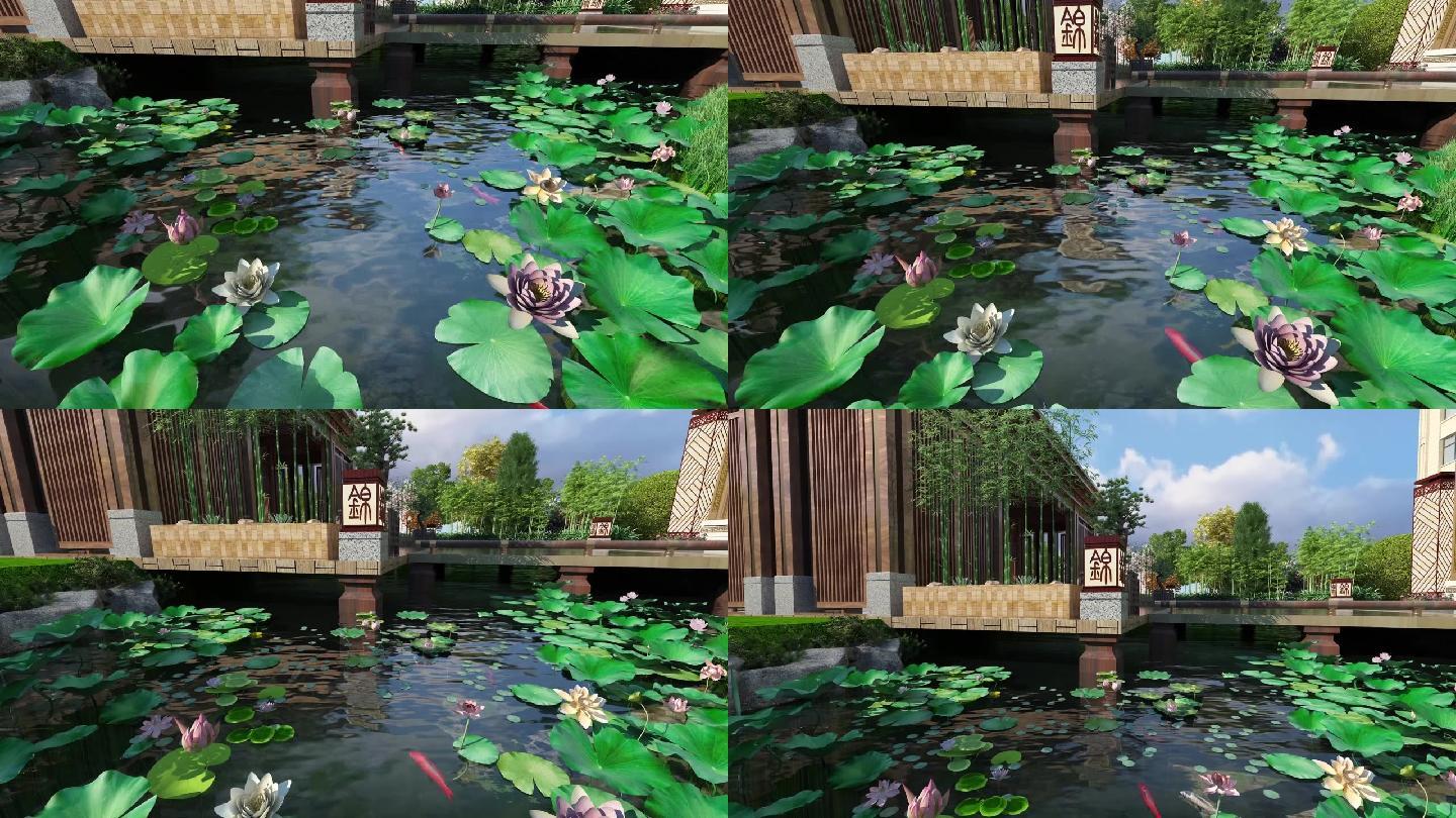 中式园林荷花水面三维动画