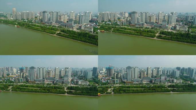陕西汉中一江两岸滨江路城市高楼建筑航拍