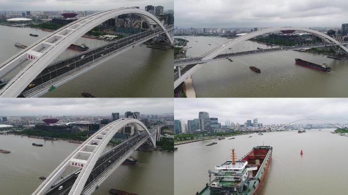 上海黄浦江卢浦大桥轮船航拍