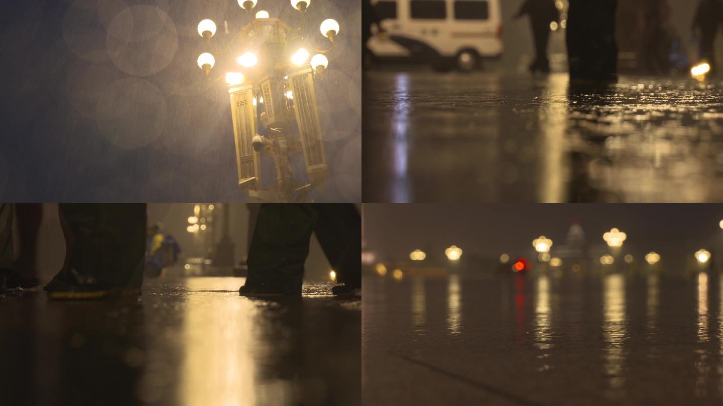 华灯雨天夜晚地面积水人流脚步