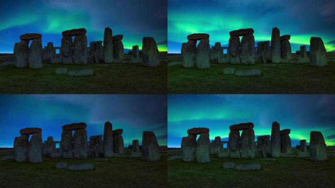 无缝4K-英国威尔特郡索尔巨石阵极光夜景