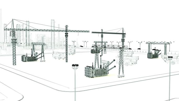 线框变实体电厂变电站变压器三维动画