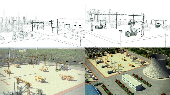线框变实体电厂变电站变压器三维动画