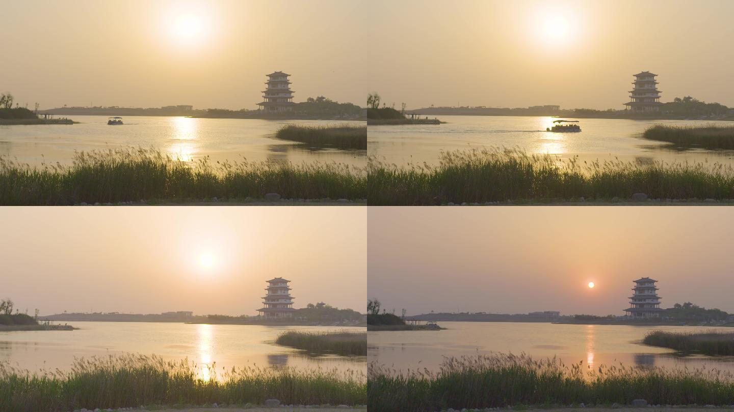 4K实拍湖边夕阳夕阳延时芦苇