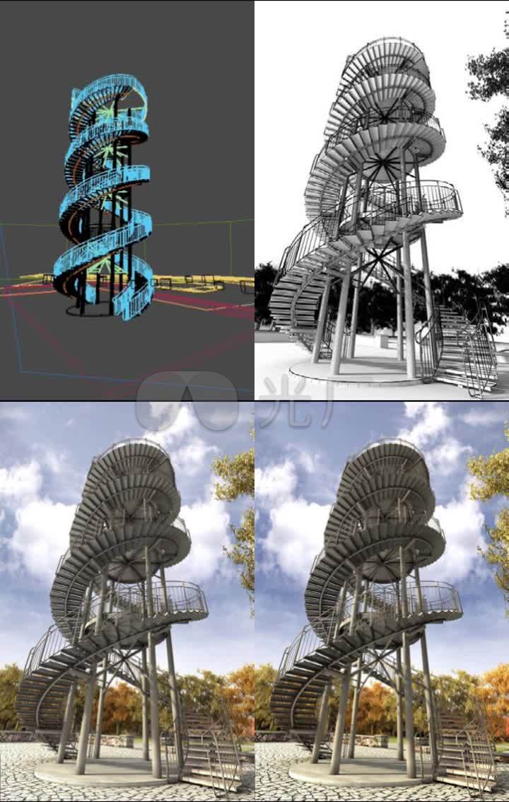 3dmax场景室外建筑楼梯台阶科学