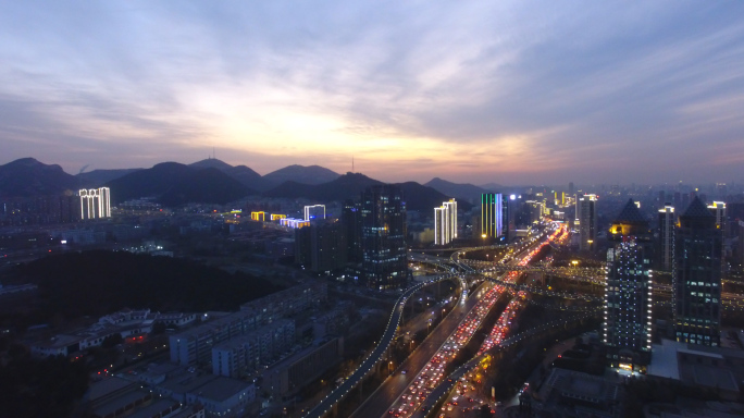 济南燕山立交桥堵车交通车流航拍夜景晚霞