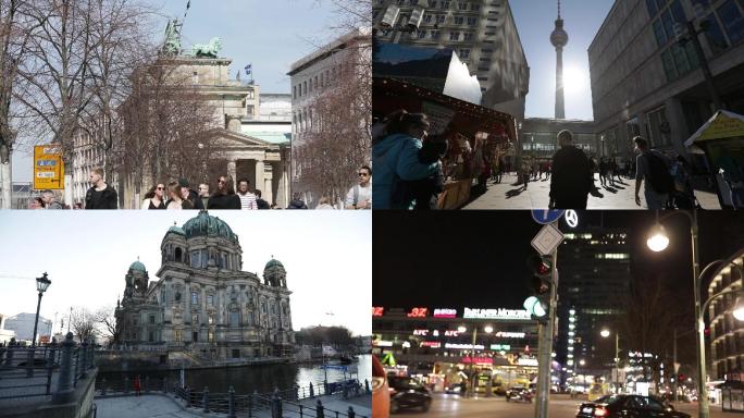 德国柏林市内街头雕塑电视塔宫殿及城市夜景