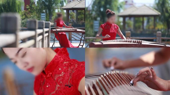 湖边红衣少女弹奏民族乐器古筝