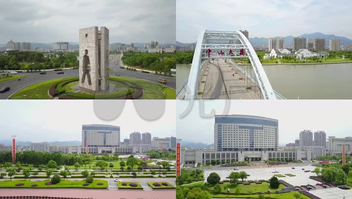 东阳航拍东阳人雕像市政府大楼城市街景公路