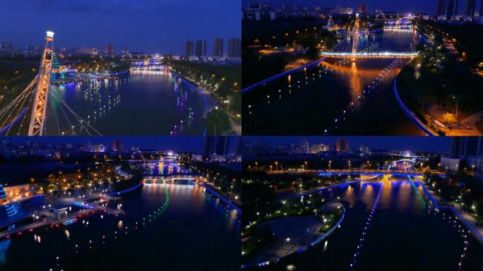 城市护城河夜景航拍