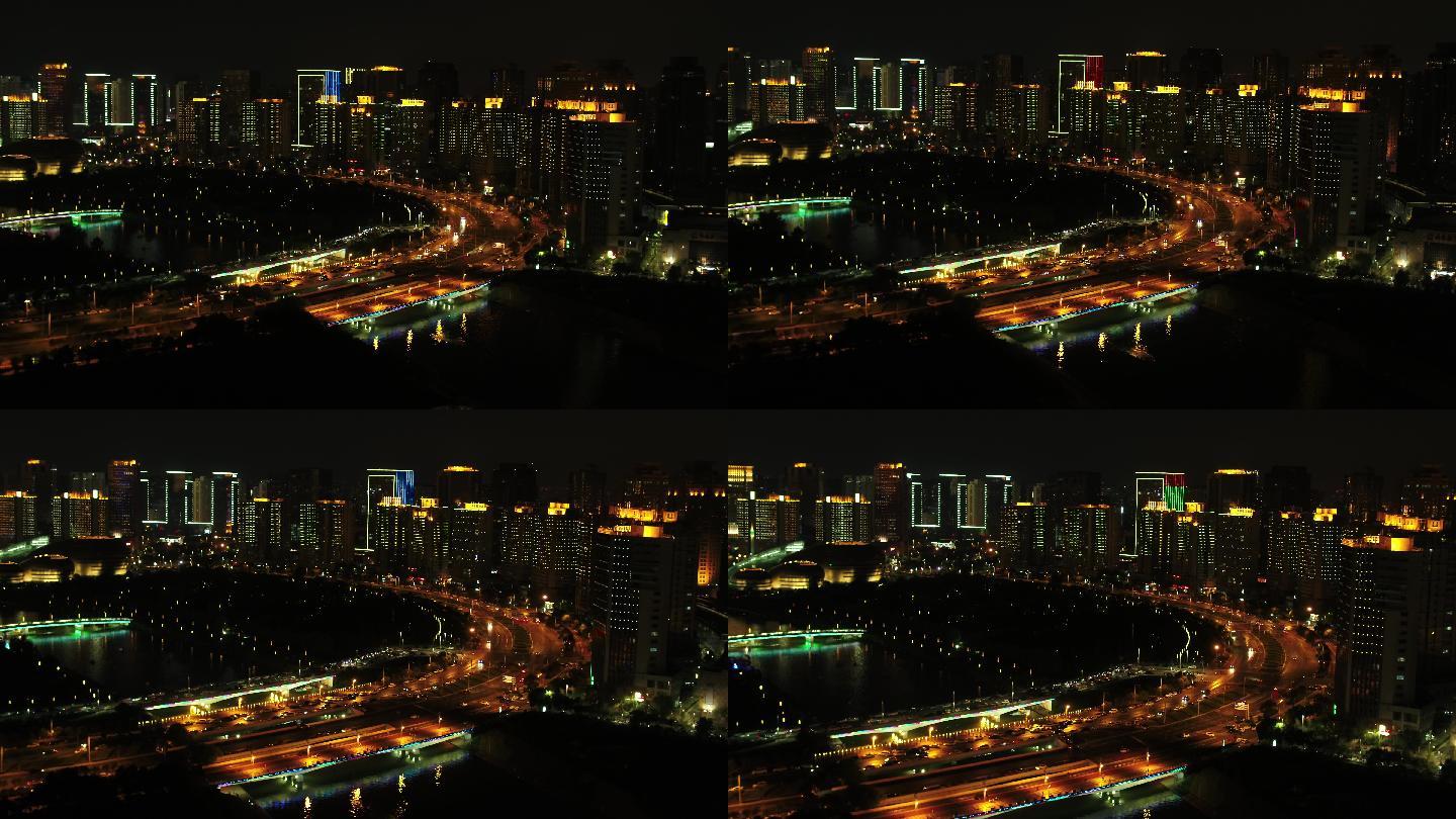 4K郑州城市CBD商务内环夜景航拍