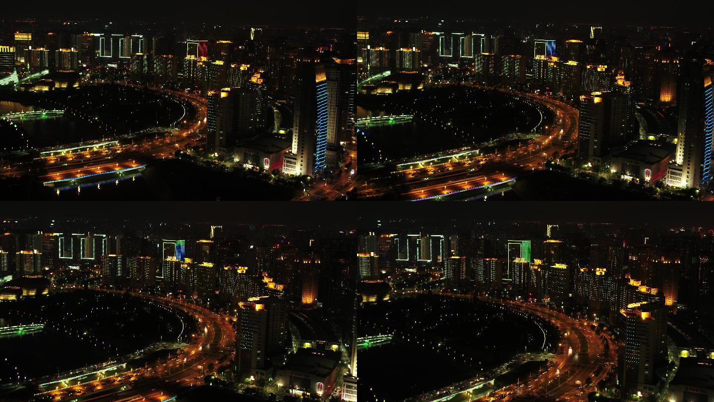4K郑州城市道路大玉米会展中心夜景航拍
