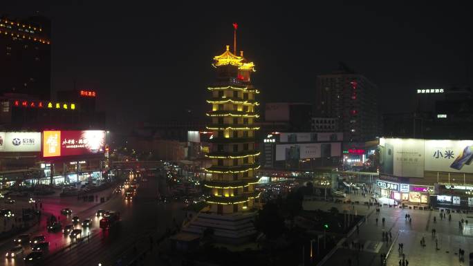 4K郑州城市二七广场老城区夜景航拍