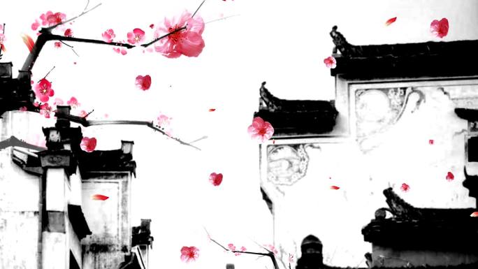 中国风黑白建筑粉色桃花飘舞素材