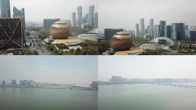 杭州钱江新城航拍洲际酒店地标性建筑