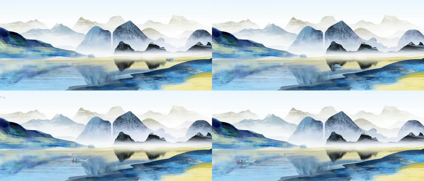 2中国风蓝色山水晨雾小船远山山峰视频素材