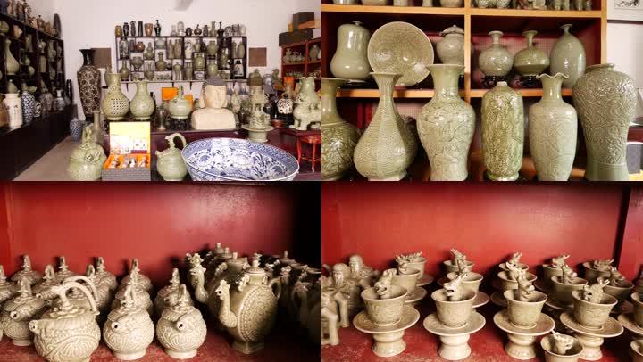 民间陶瓷店各类陶瓷工艺品展示