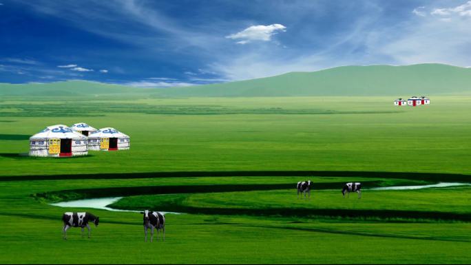 草原蒙古包牛群背景