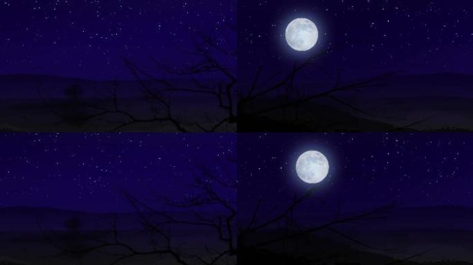 寂静夜空星光闪烁月光山树剪影